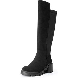 Women's Black-suede Knee High Comfortable Platform Heel Round Toe Stretch Boots
